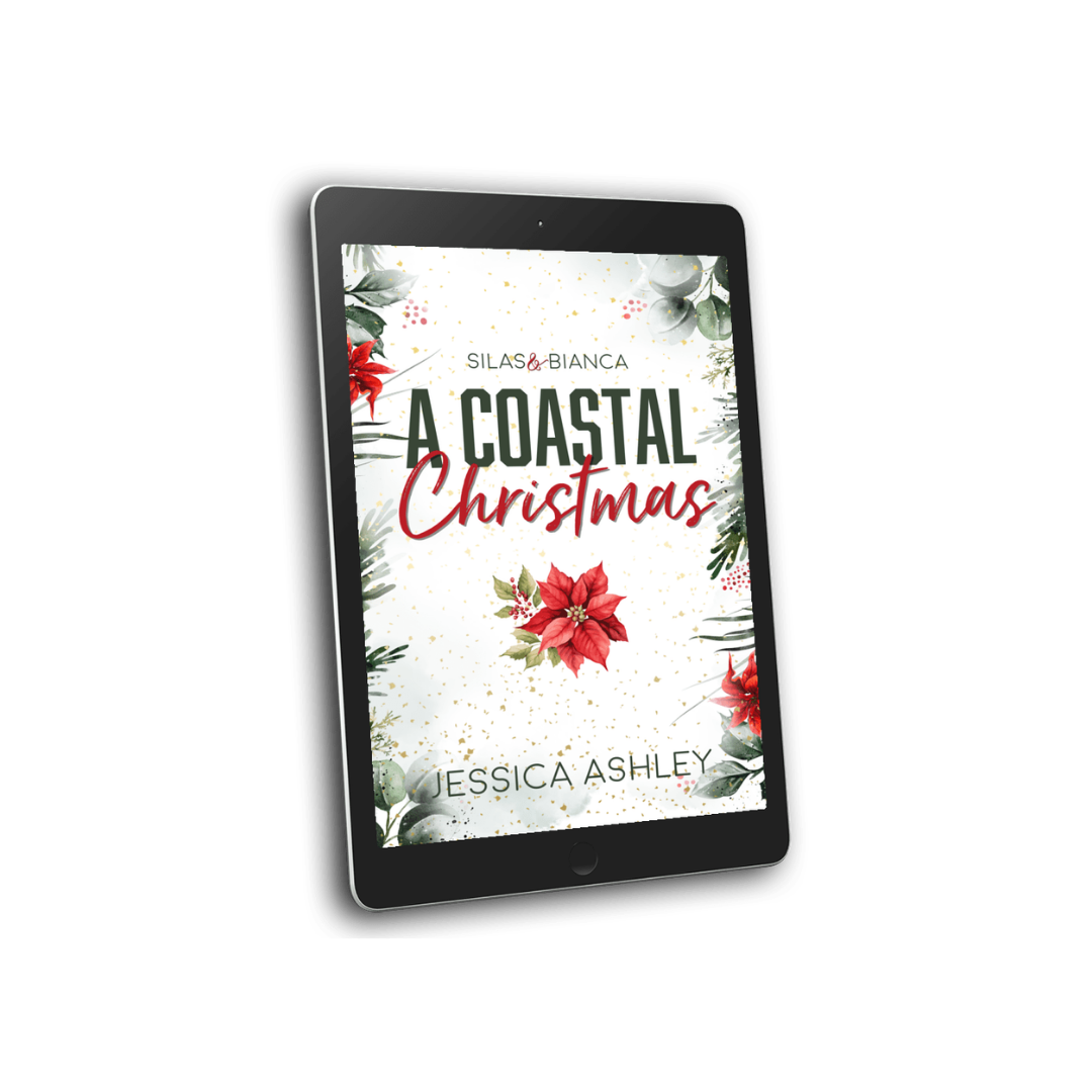 Digital book cover of 'A Coastal Christmas' by Jessica Ashley on a tablet screen.
