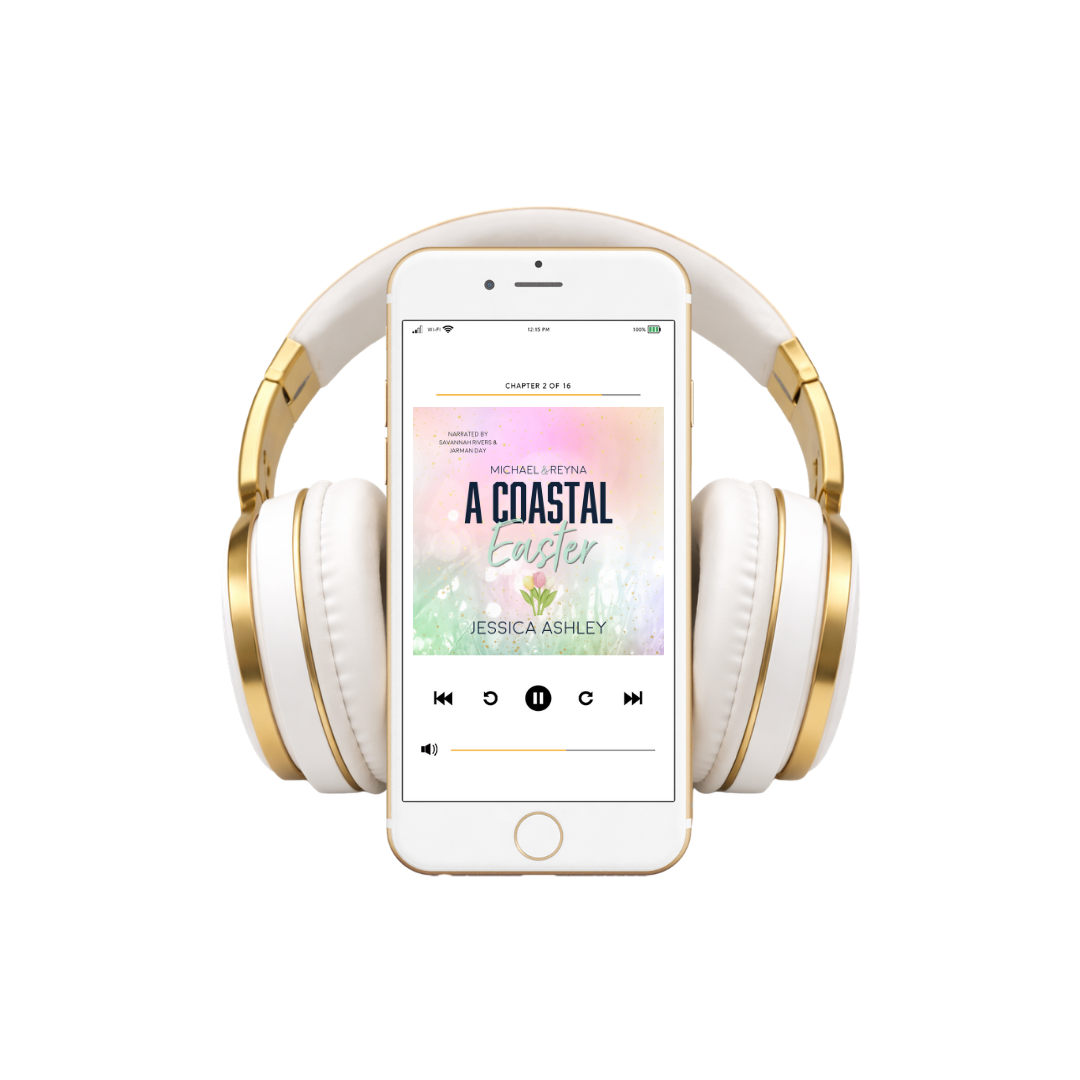White and gold headphones with a smartphone displaying an audiobook on a white background