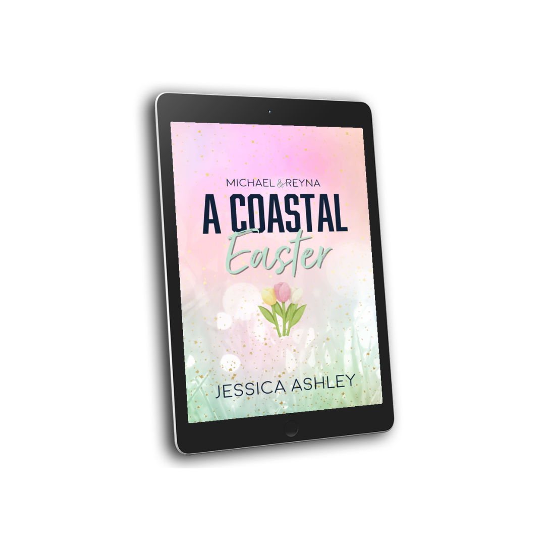 Digital book cover of 'A Coastal Easter' by Jessica Ashley on a tablet screen.