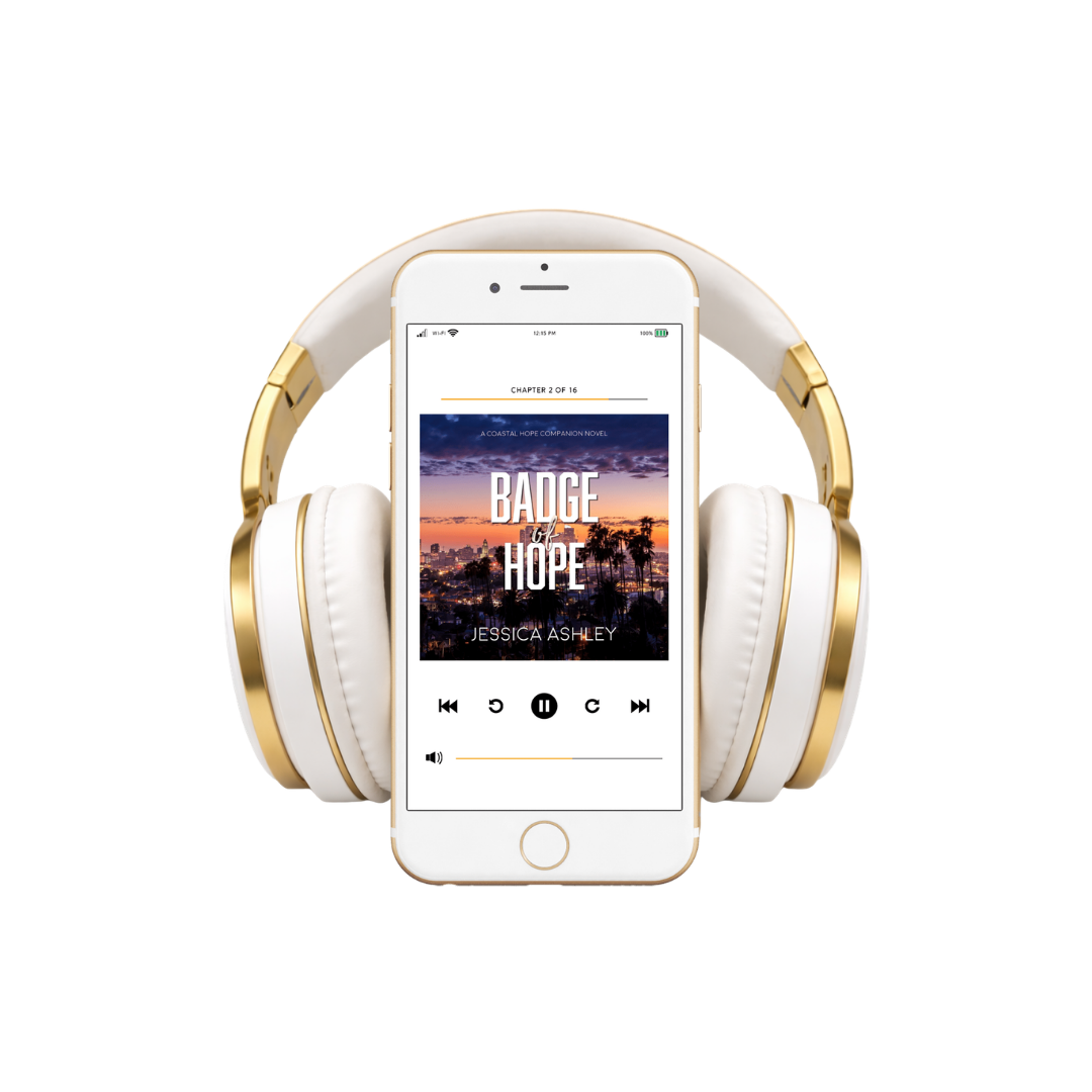 White and gold headphones with a smartphone displaying an audiobook cover on a white background