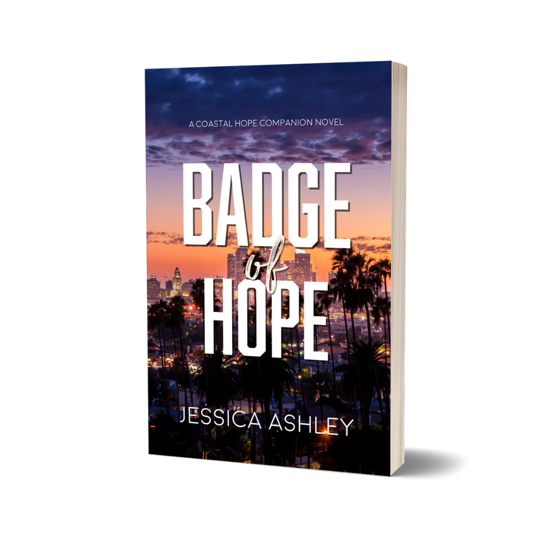 Book cover of 'Badge of Hope' by Jessica Ashley with a city skyline and palm trees in the background.