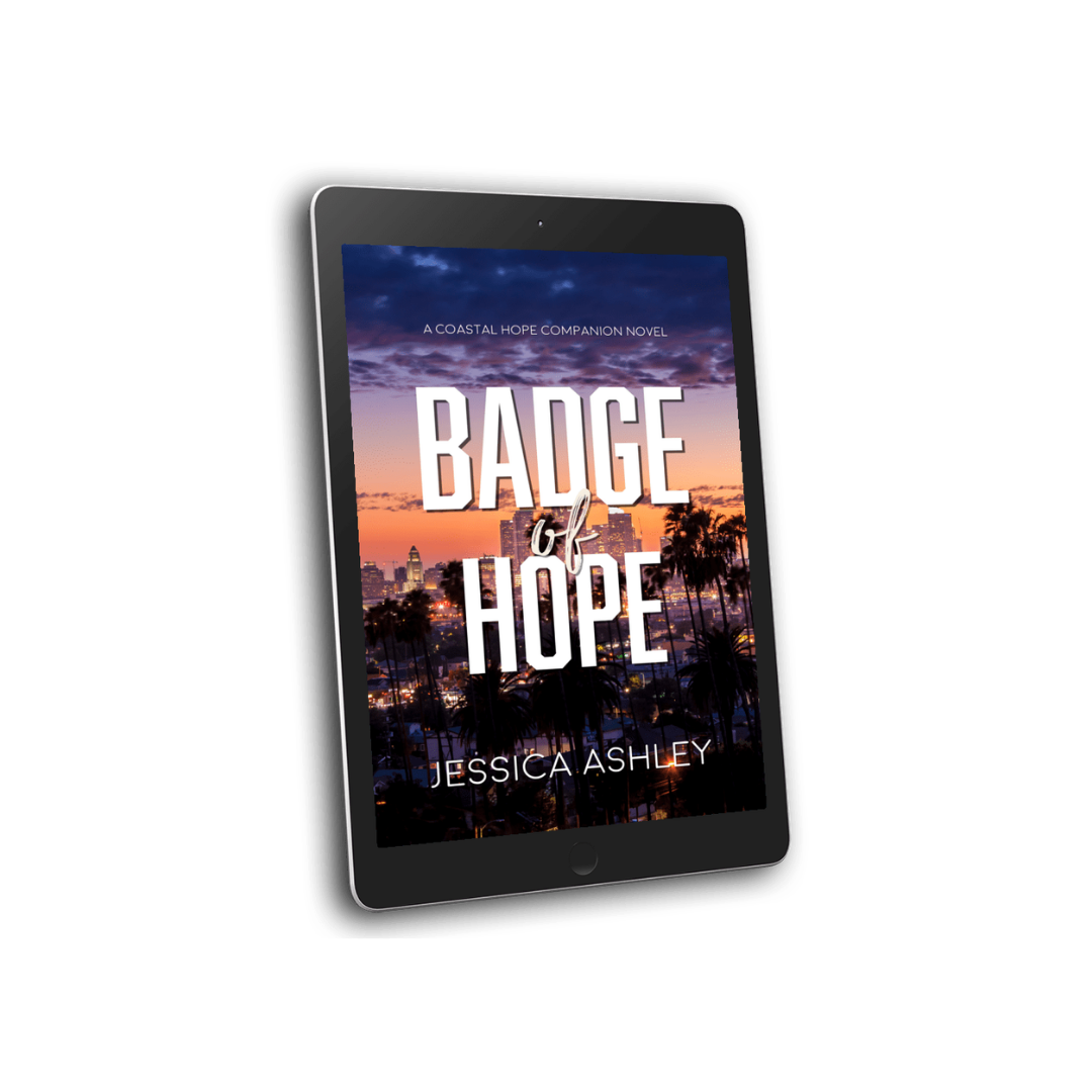 Tablet displaying the book cover of 'Badge of Hope' by Jessica Ashley on a white background