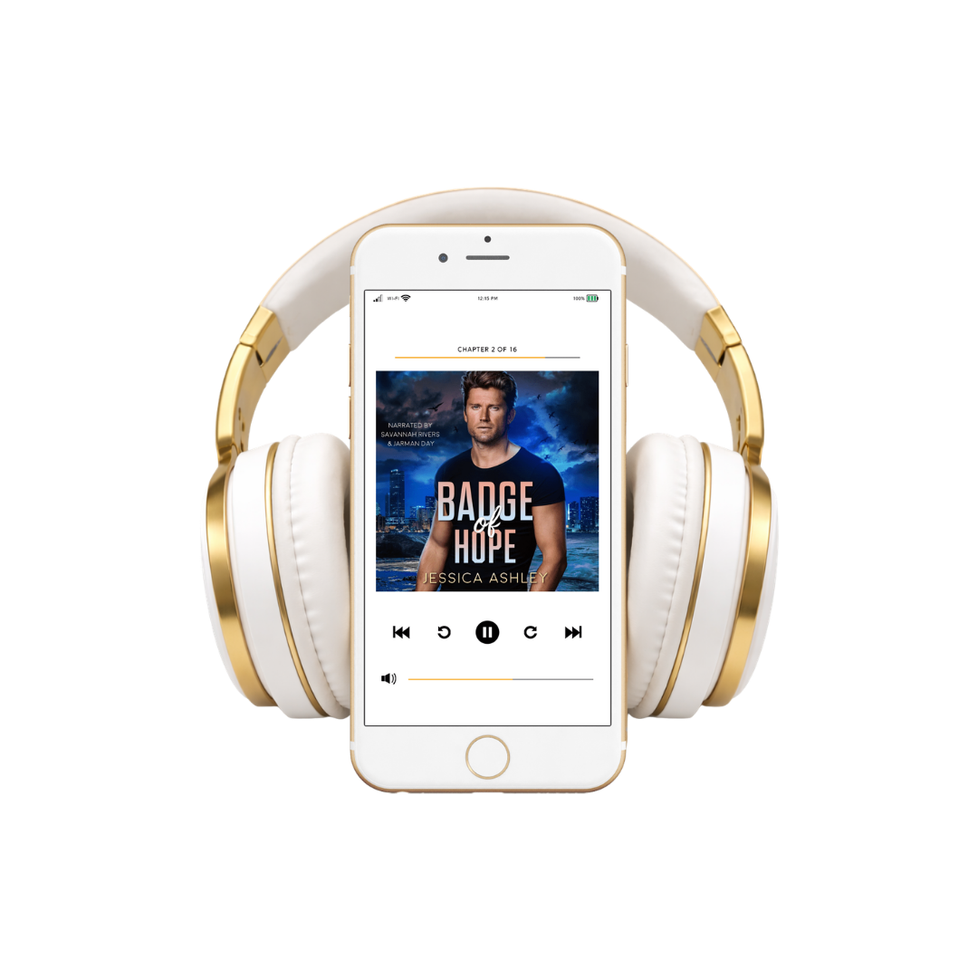 White and gold headphones with a smartphone displaying an audiobook on a white background