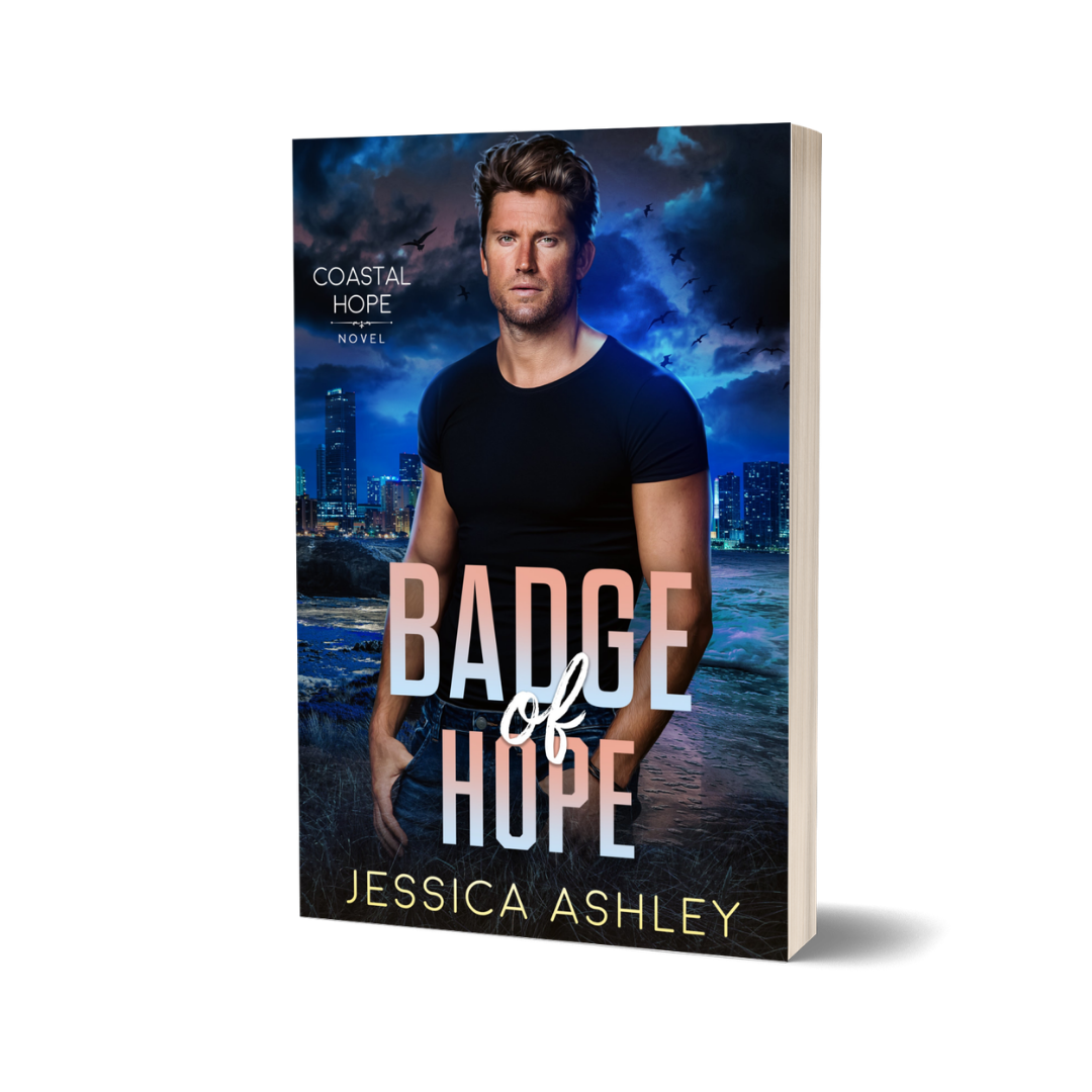 Book cover of 'Badge of Hope' by Jessica Ashley with a person standing in front of a city skyline at night.