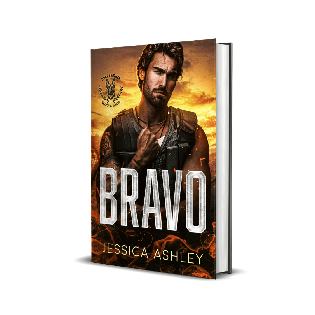 Book cover of 'Bravo' by Jessica Ashley with a rugged man on the cover against a fiery background.