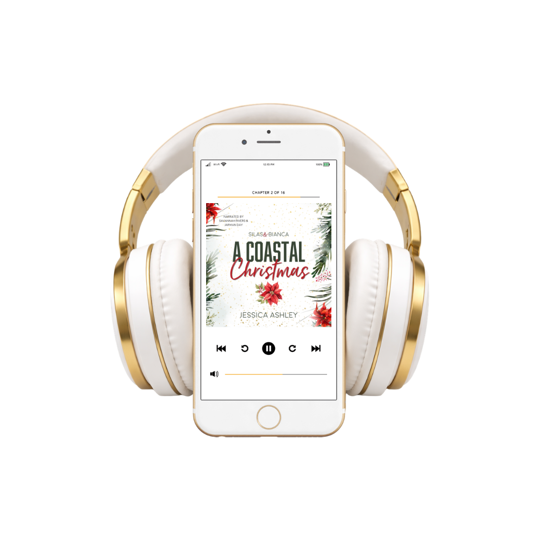 White and gold headphones with a smartphone displaying a book cover on a white background