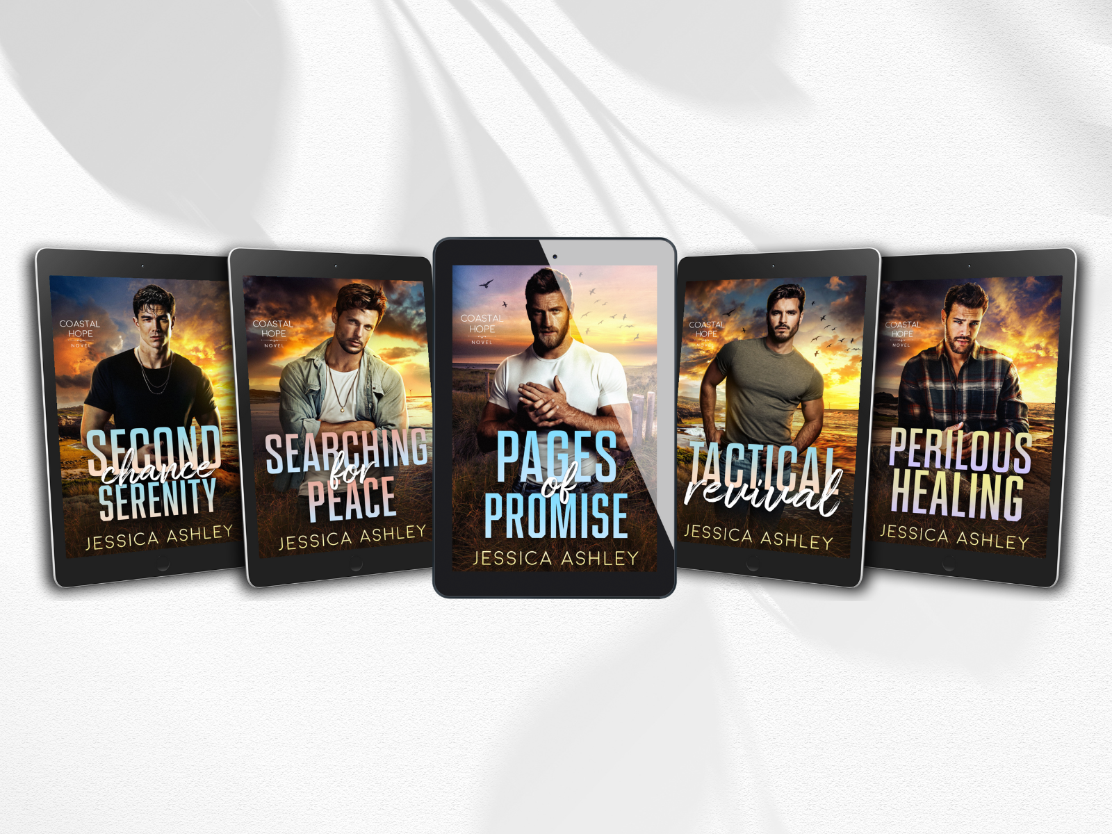 Five book covers by Jessica Ashley on a white background