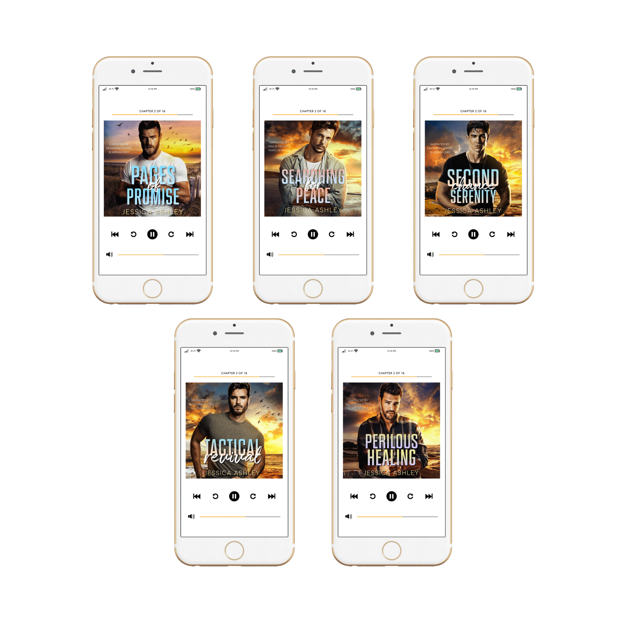 Five smartphones displaying book covers on a white background