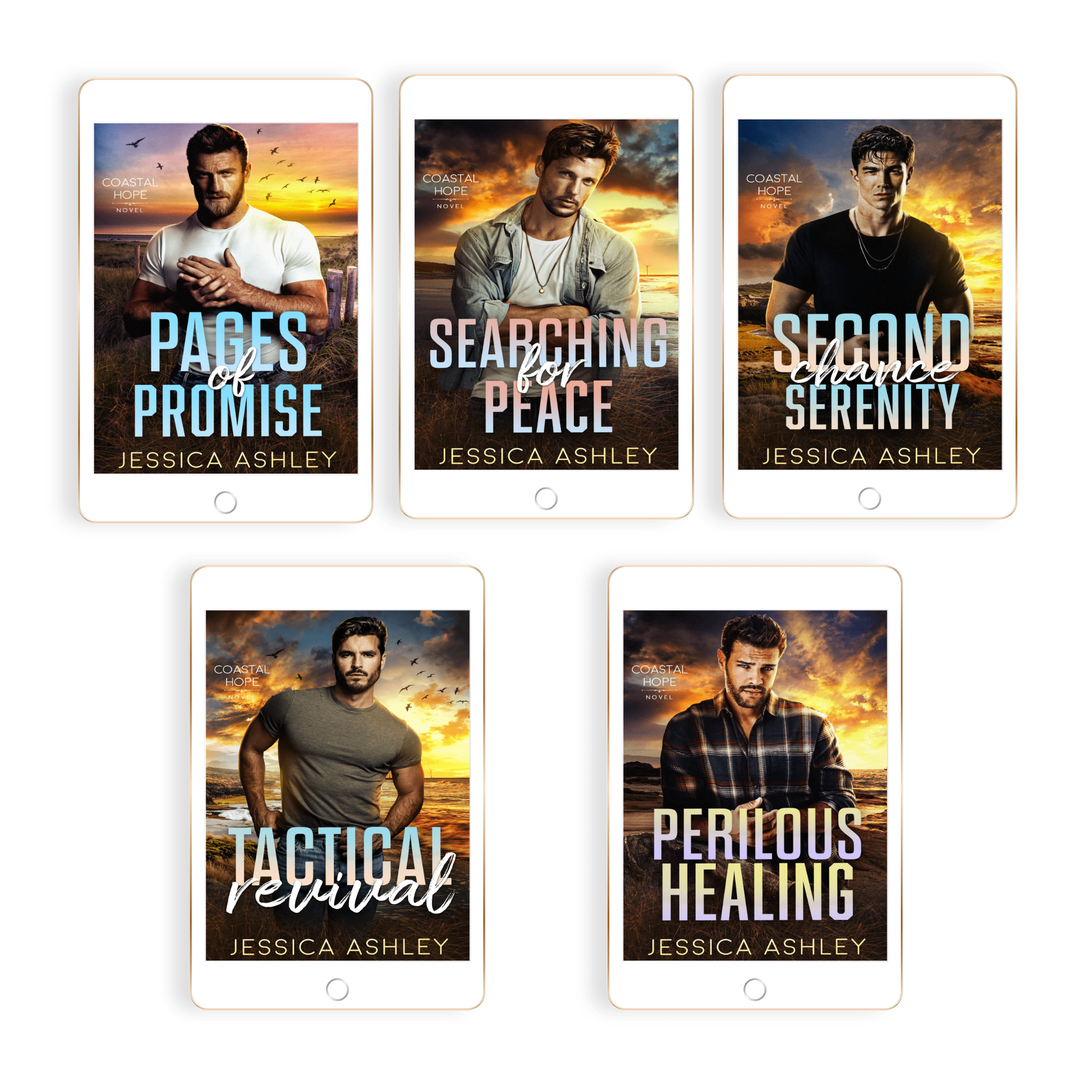 Five book covers of Jessica Ashley's novels displayed on tablets.
