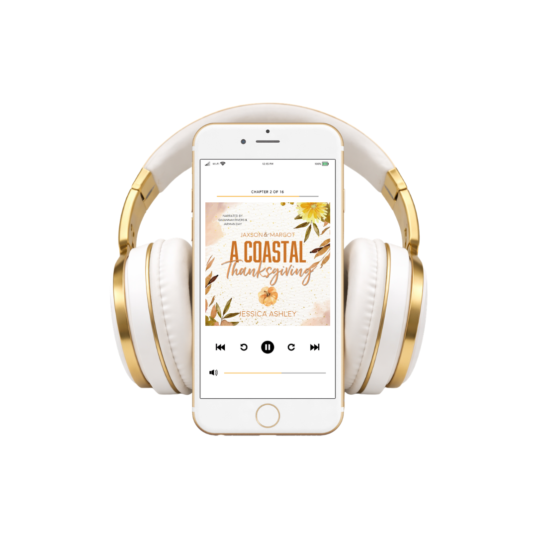 White and gold headphones with a smartphone displaying an audiobook cover on a white background