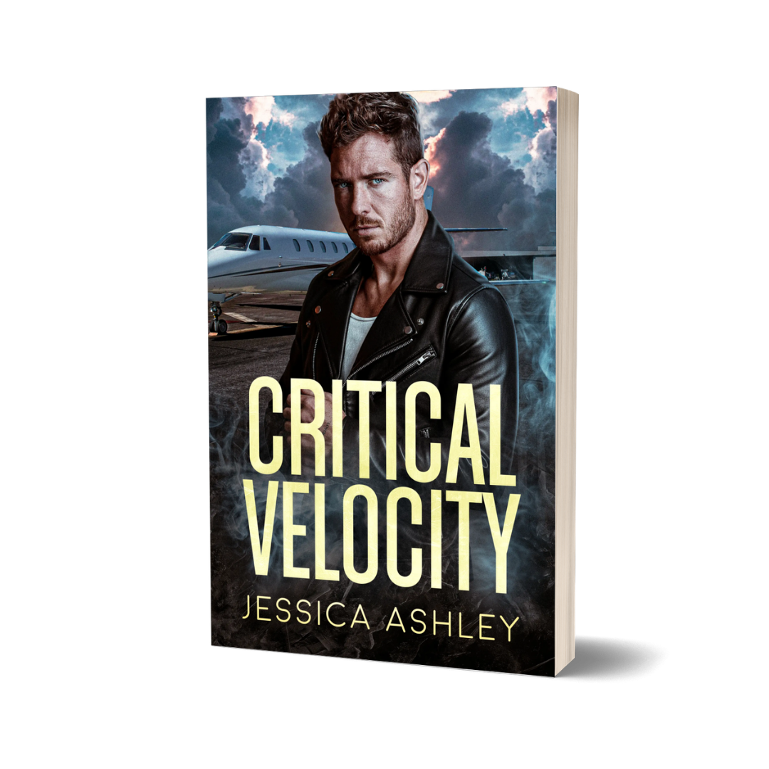 Book cover of 'Critical Velocity' by Jessica Ashley with a man in a leather jacket and airplane in the background.