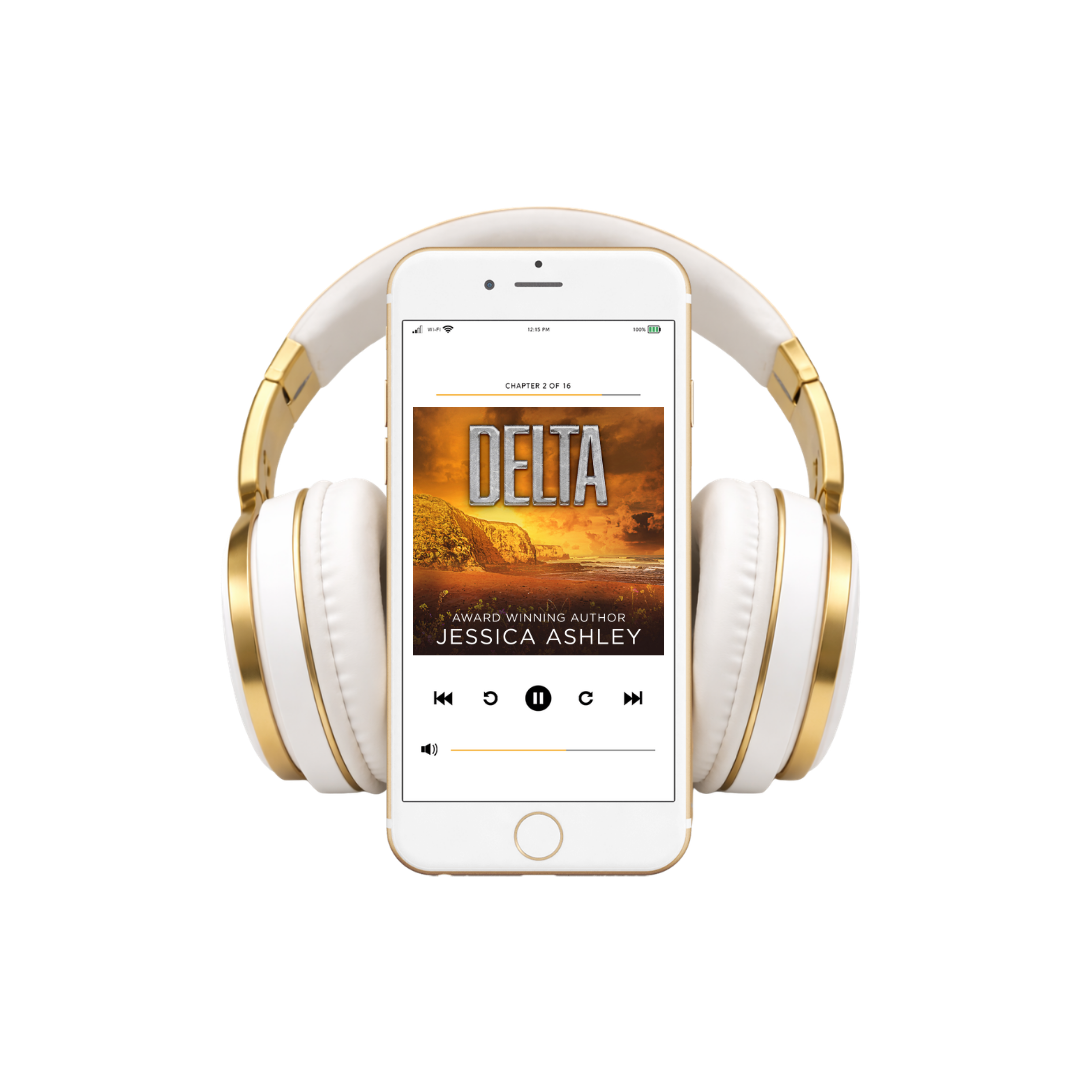 White and gold headphones with a smartphone displaying an audiobook titled 'Delta' by Jessica Ashley on a white background.
