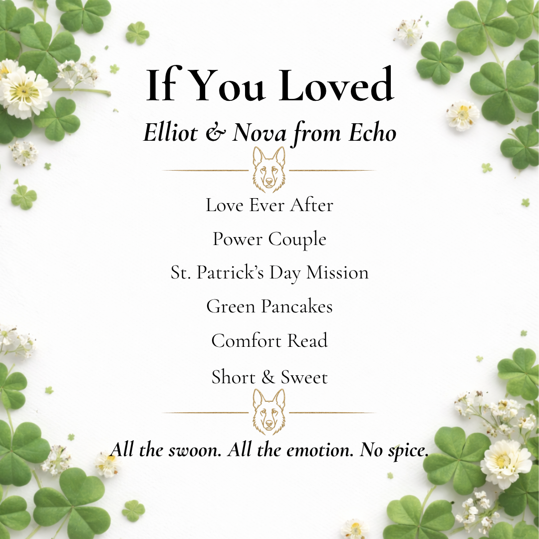 Promotional text for a book series with clover and flower decorations on a white background