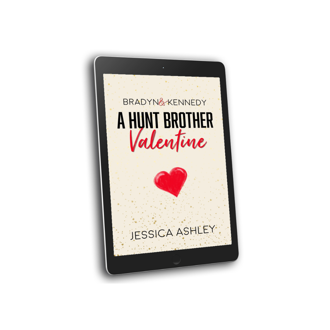Ebook cover of 'A Hunt Brother Valentine' by Jessica Ashley on a tablet screen.