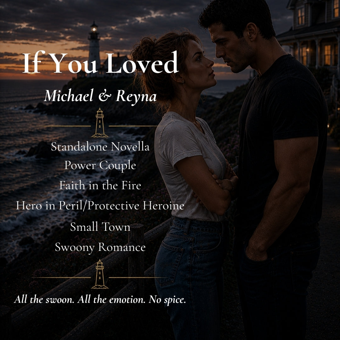 A Coastal Easter novella featuring a couple embracing by the ocean at sunset, with white text listing the book's themes and tags.