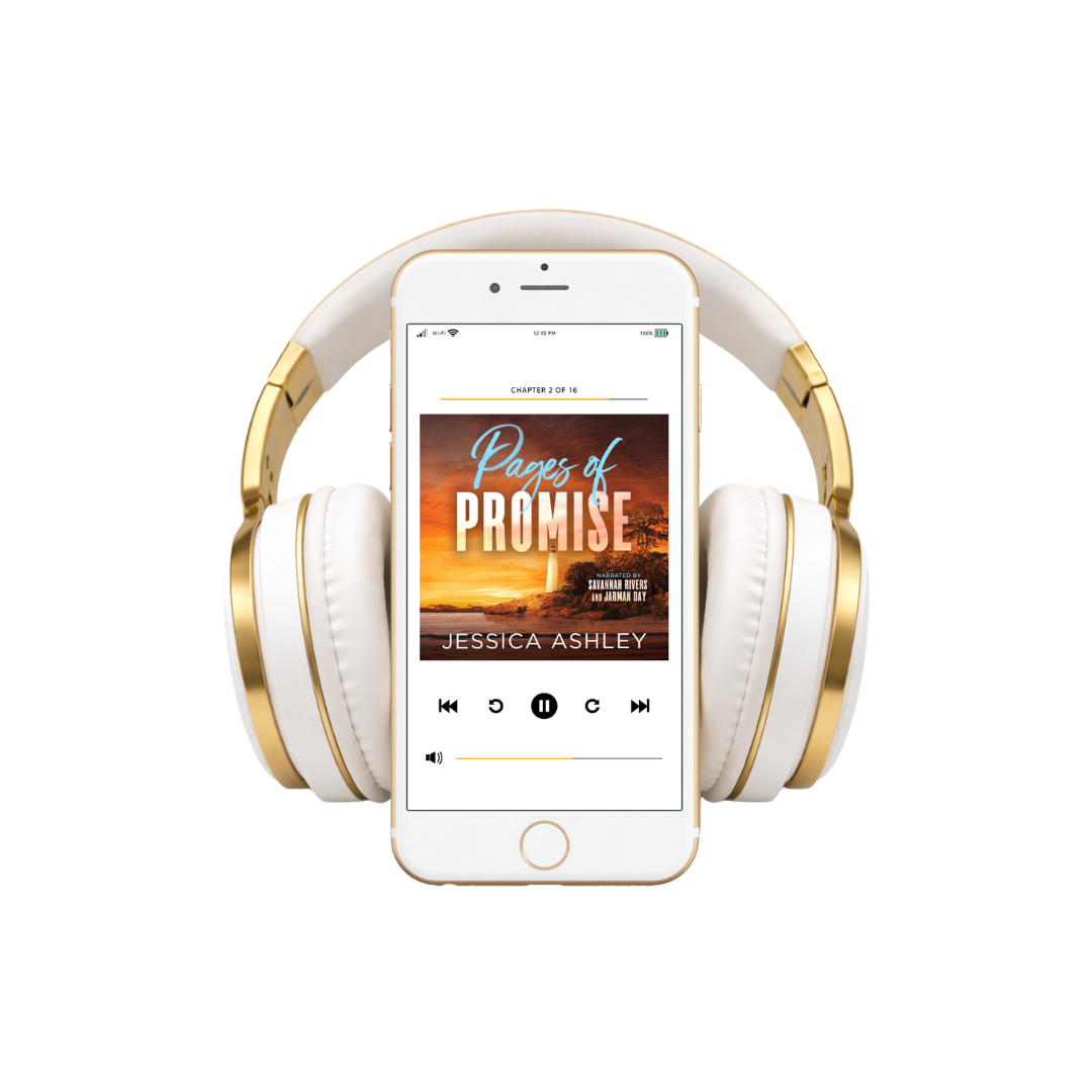 White and gold headphones with a smartphone displaying an audiobook cover on a white background