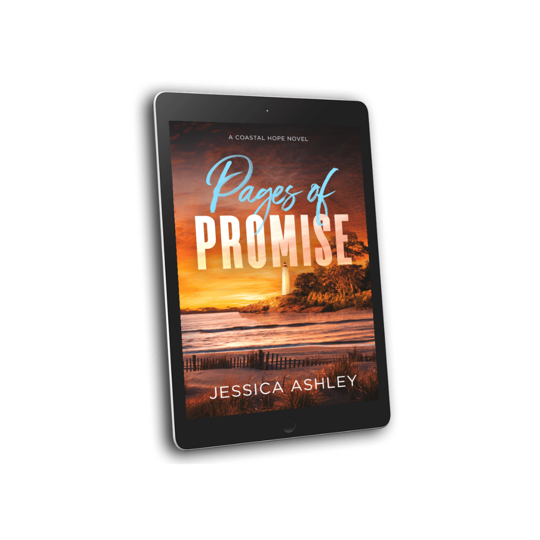 E-book cover of 'Pages of Promise' by Jessica Ashley on a tablet with a sunset over water design.