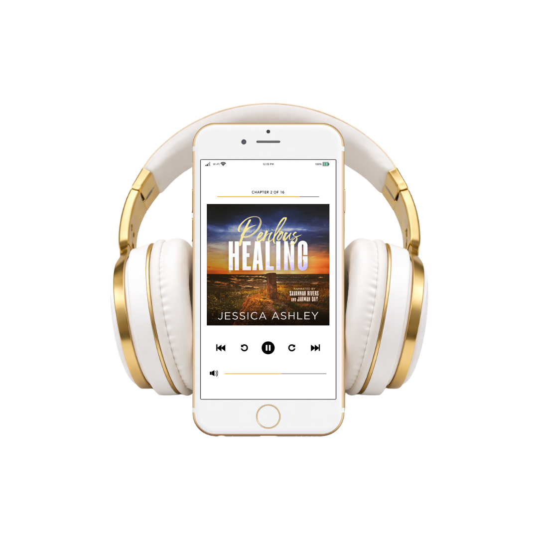 White and gold headphones with a smartphone displaying an audiobook on a white background