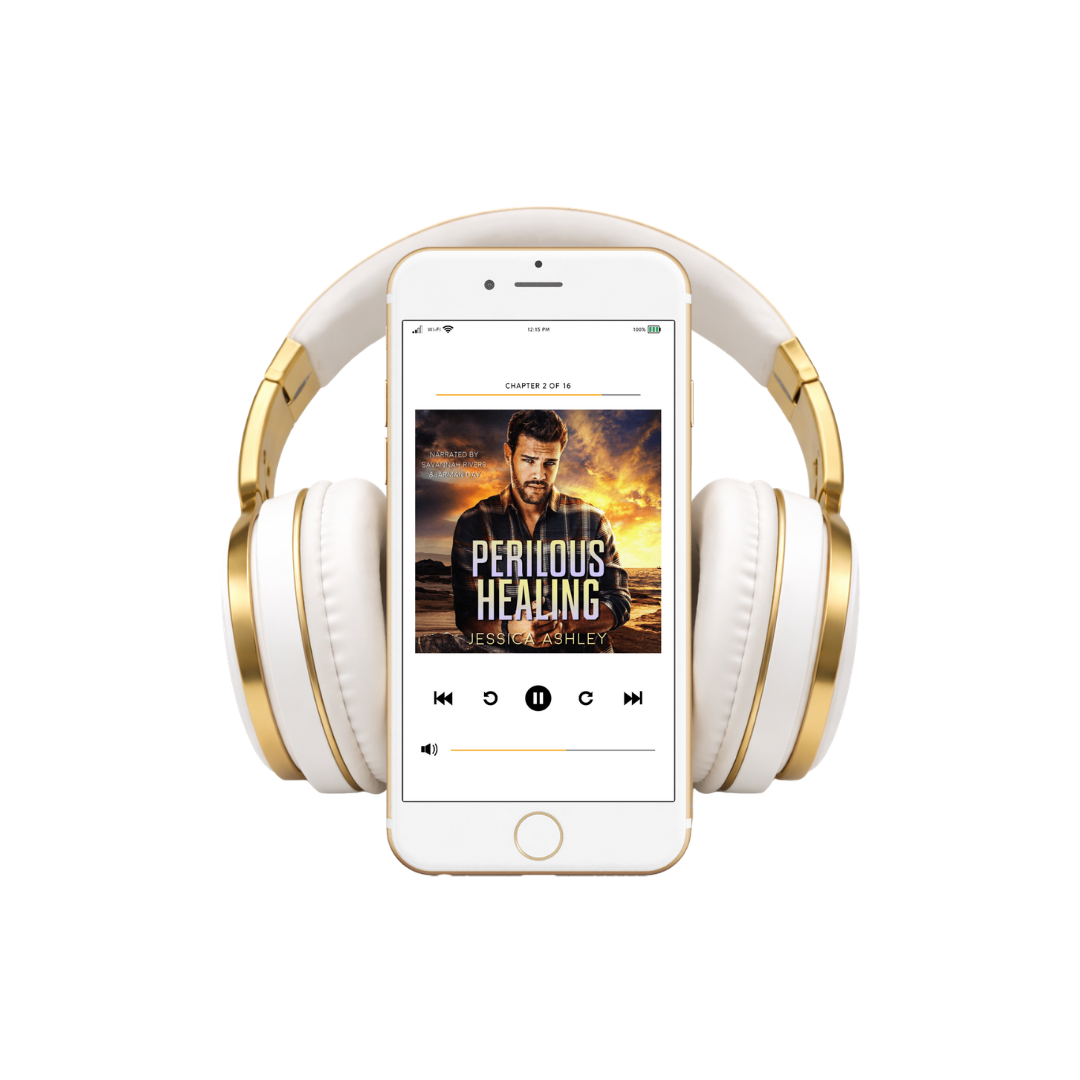 White and gold headphones with a smartphone displaying an audiobook on a white background