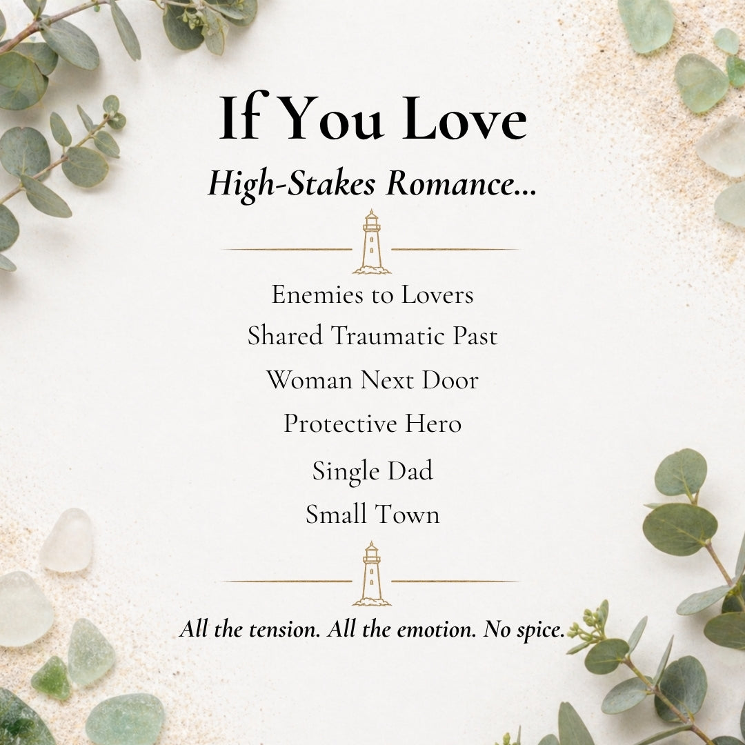 Text about high-stakes romance with decorative elements on a white background