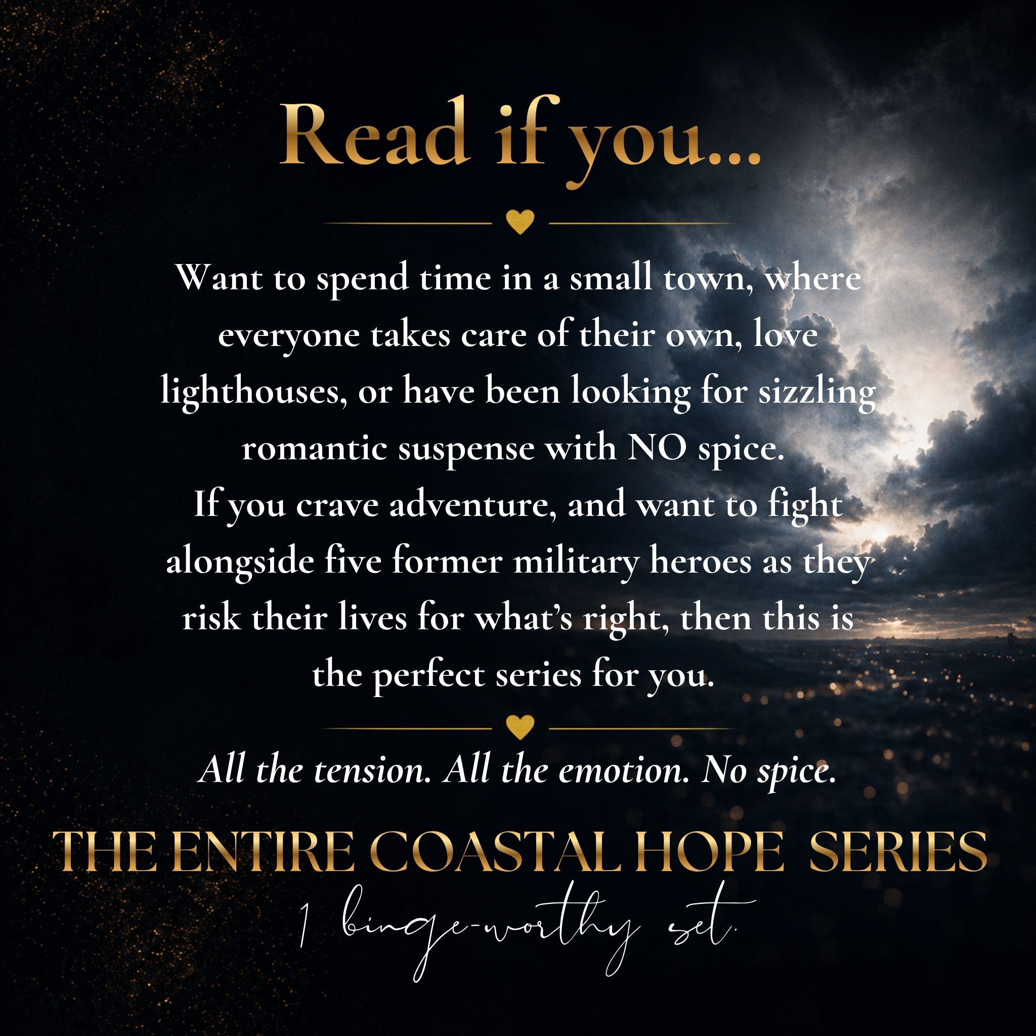 Promotional graphic for a book series with a dark stormy sky background and golden text reading 'Read if you.