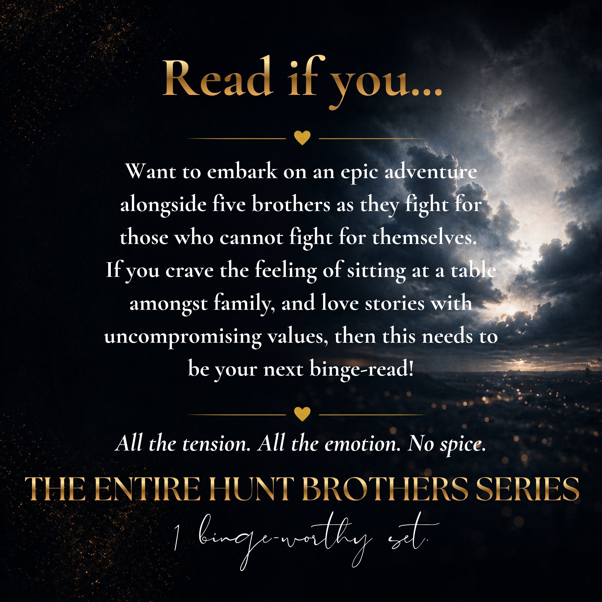 Promotional graphic for a book set with dramatic dark clouds over a glowing horizon and a dark landscape below. Gold and white text reads: 'Read if you.