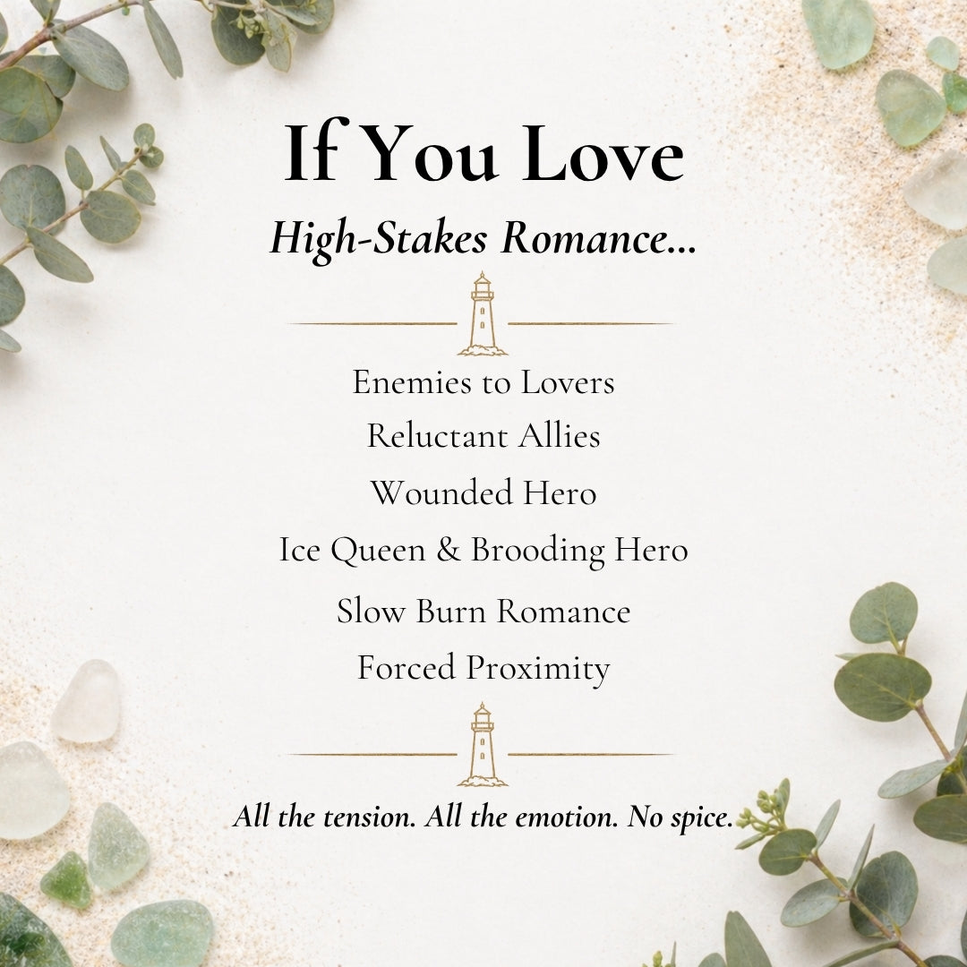 Text about high-stakes romance with decorative elements on a white background