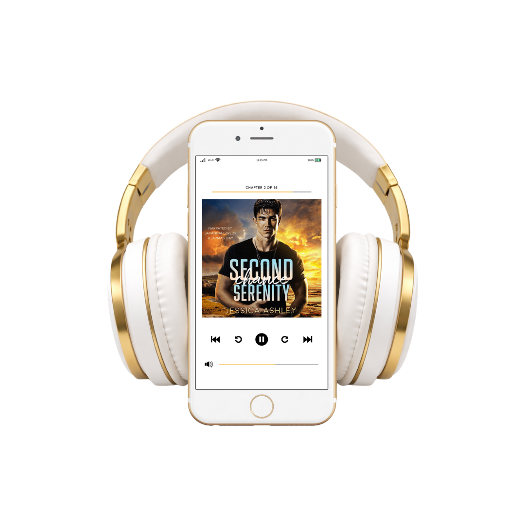 White and gold headphones with a smartphone displaying a book cover on a white background
