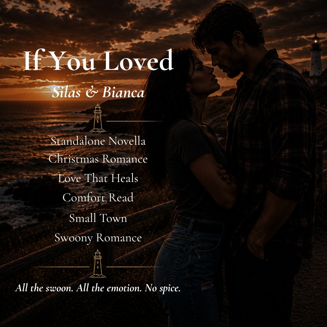 'If You Loved' Silas & Bianca, featuring a silhouetted couple embracing at sunset beside a lighthouse, with white text listing book genres and tagline 'All the swoon. All the emotion.