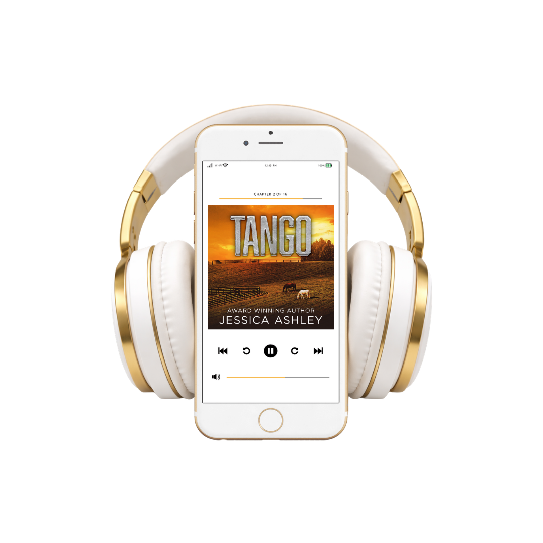 White and gold headphones with a smartphone displaying an audiobook titled 'Tango' by Jessica Ashley.