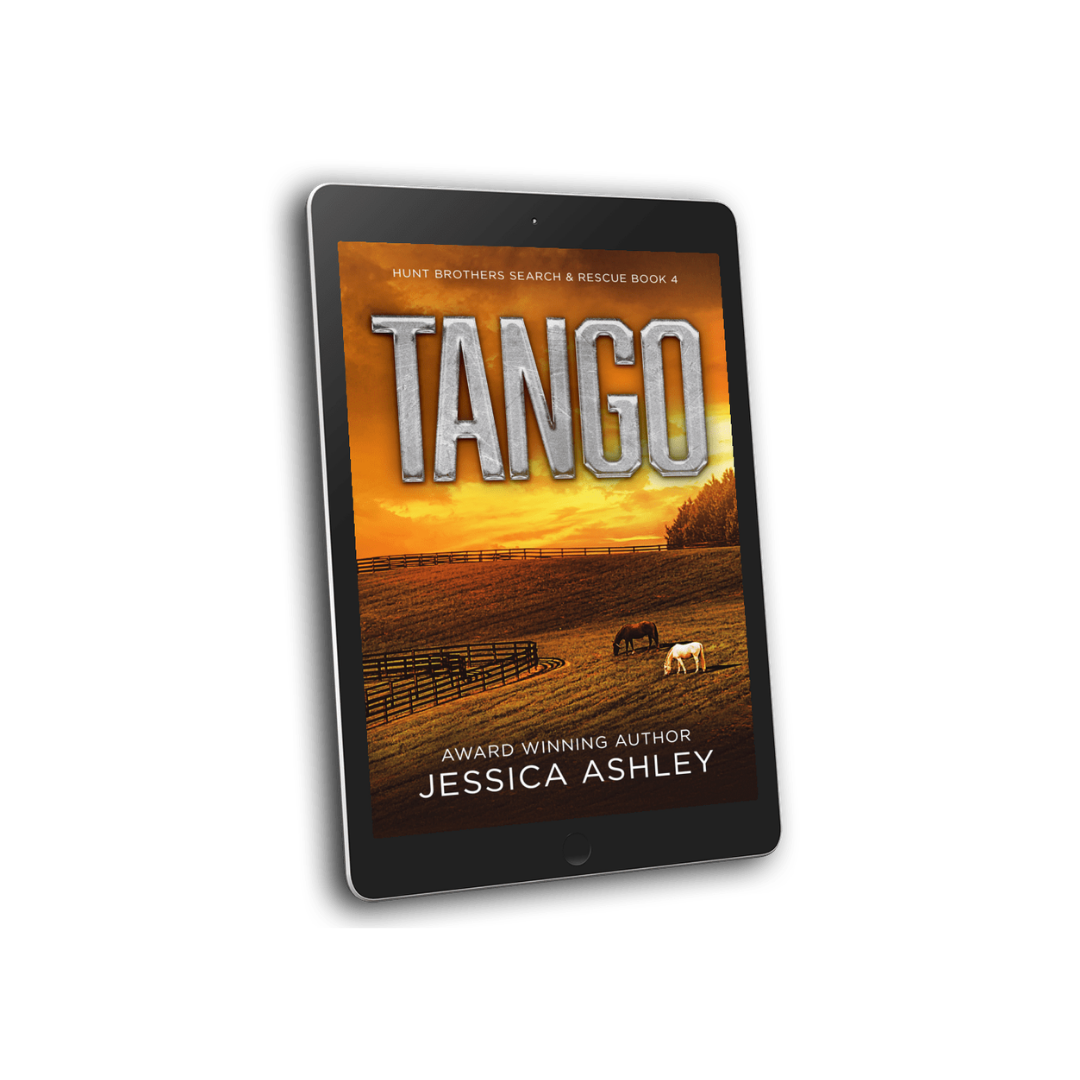 Ebook cover of 'Tango' by Jessica Ashley on a tablet with a sunset and horses scene.
