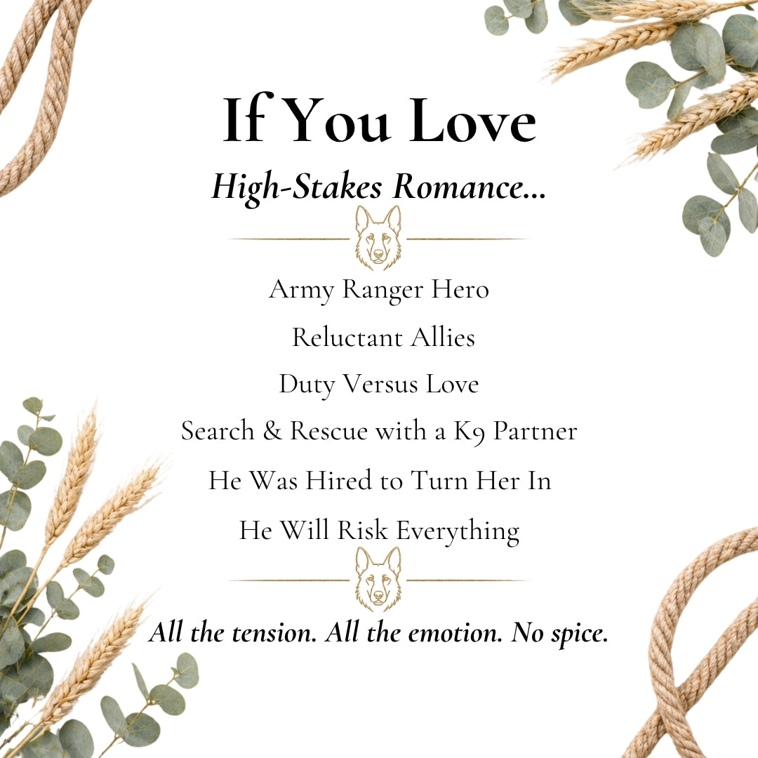 Promotional text for high-stakes romance with military elements, surrounded by decorative elements like leaves and ropes.