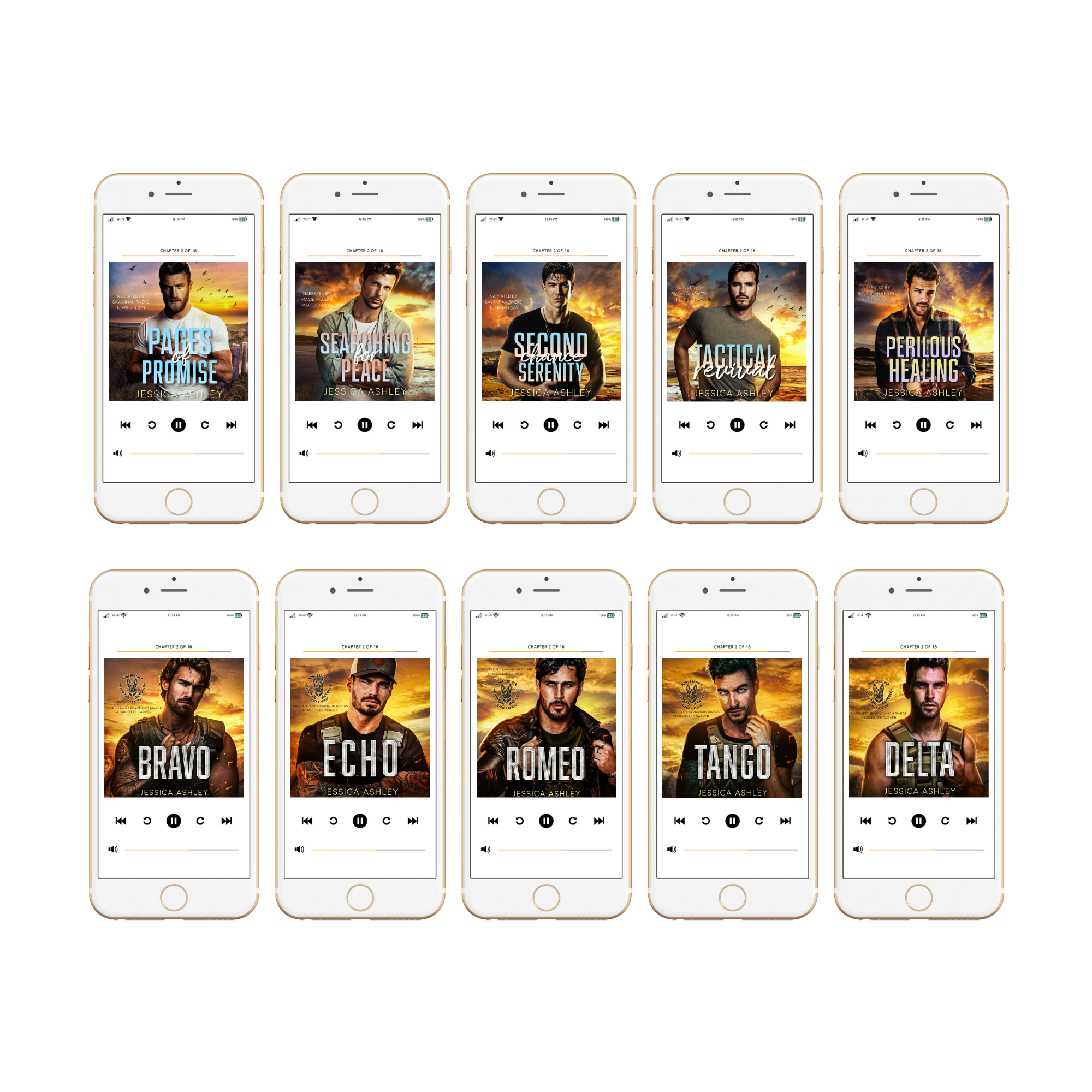 Multiple smartphones displaying book covers with titles and authors on a white background