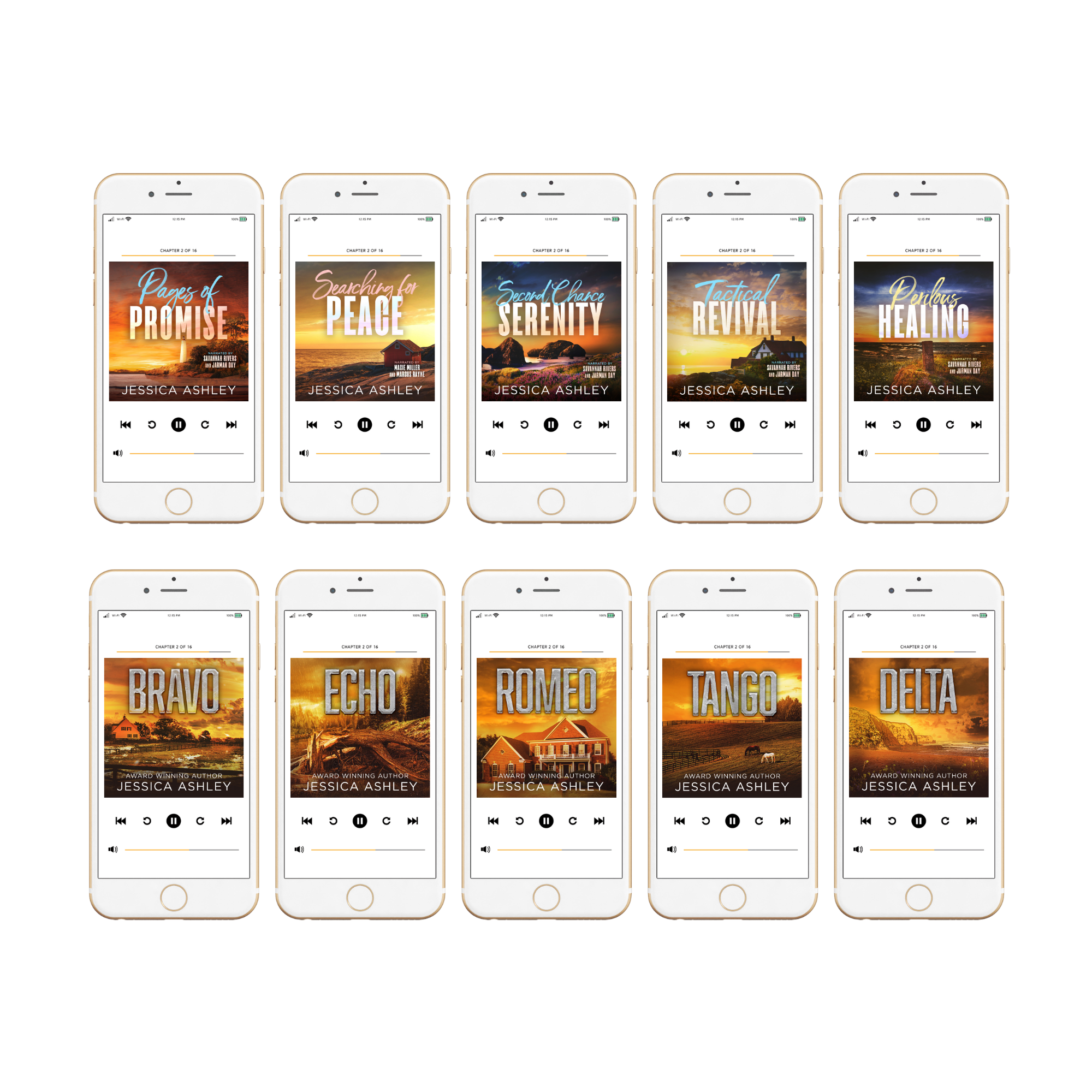 Multiple smartphones displaying book covers by Jessica Ashley on a white background