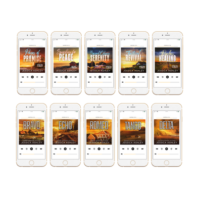 Multiple smartphones displaying book covers by Jessica Ashley on a white background