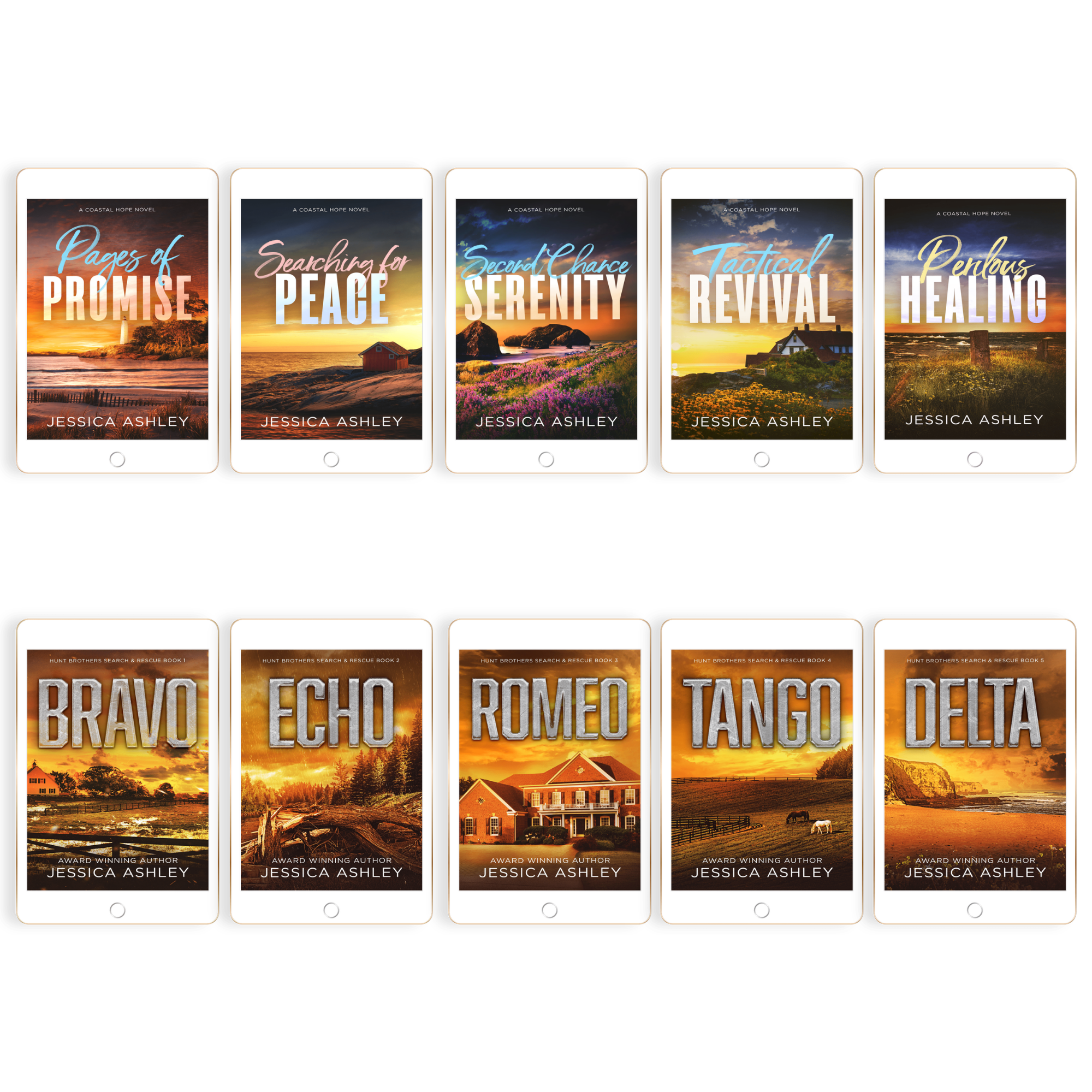 Collection of books by Jessica Ashley with various titles and covers on a white background