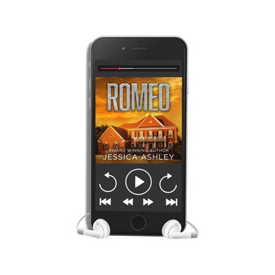 Phone displaying the book cover of 'Romeo' by Jessica Ashley on a white background