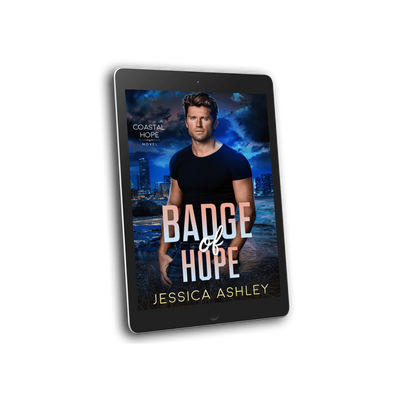 E-reader displaying a book cover with a man and text 'Badge of Hope' by Jessica Ashley on a white background