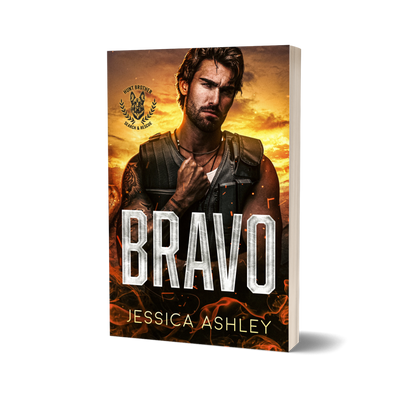 Book cover of 'Bravo' by Jessica Ashley with a man in tactical gear against a fiery background.
