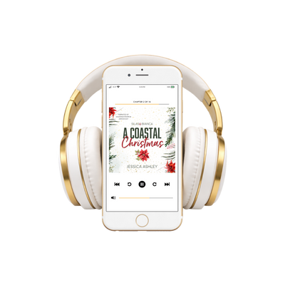 White and gold headphones with a smartphone displaying a book cover on a white background