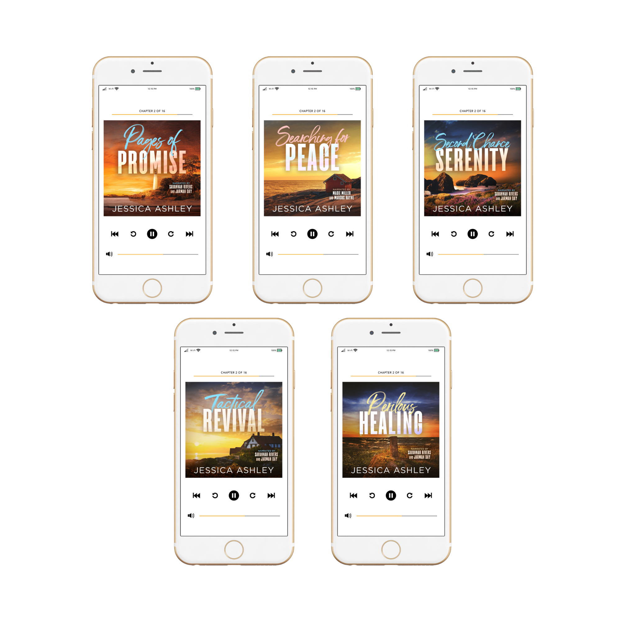 Five smartphones displaying book covers by Jessica Ashley on a white background