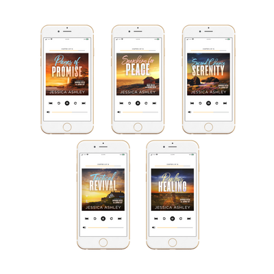 Five smartphones displaying book covers by Jessica Ashley on a white background