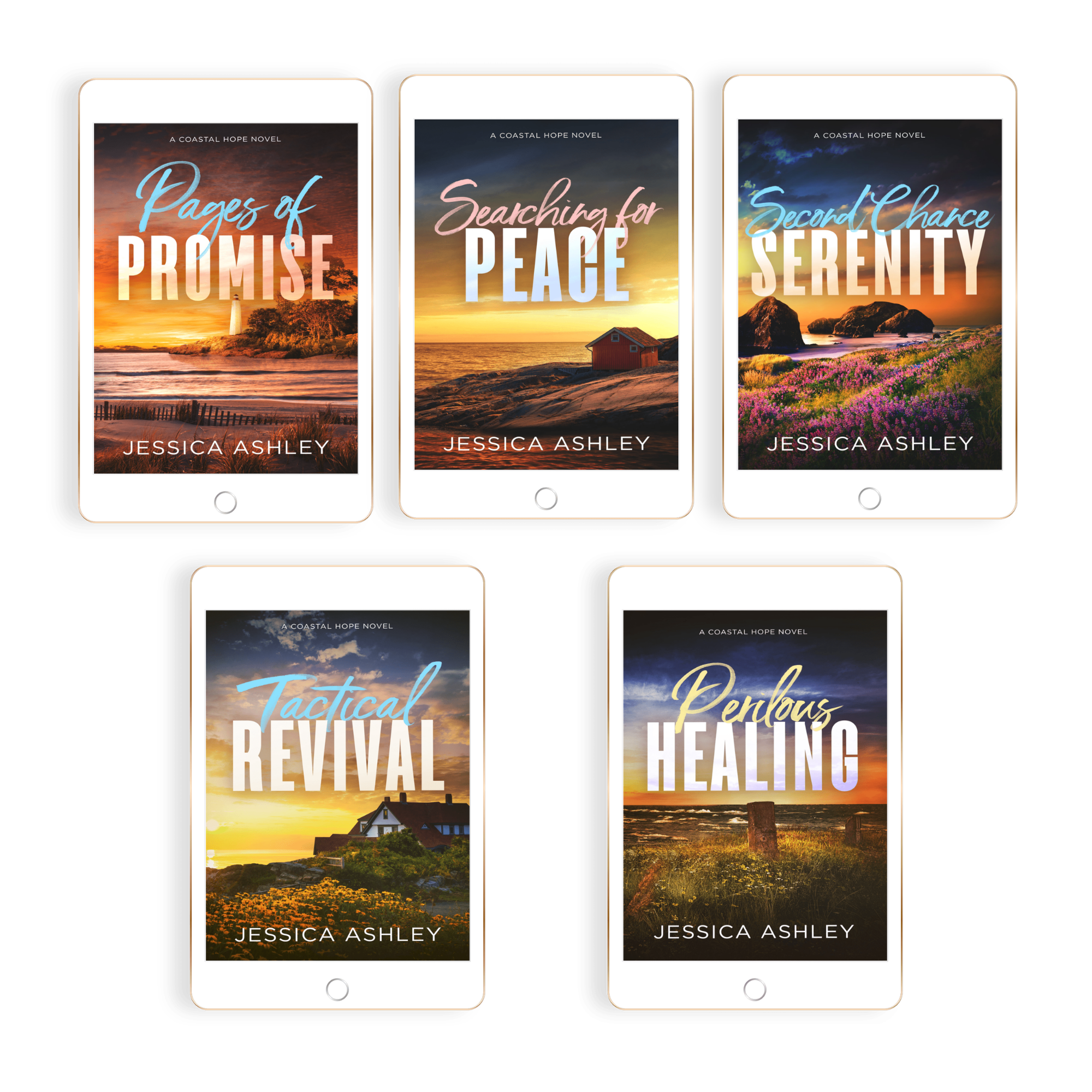 Five book covers by Jessica Ashley on a white background