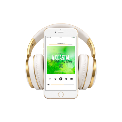 White and gold headphones with a smartphone displaying a music app on a white background