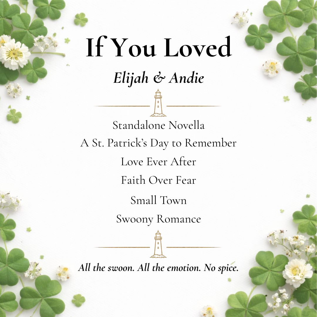 Promotional text for a standalone novella with decorative elements of green leaves and white flowers.