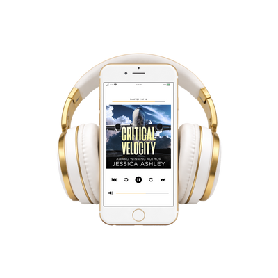 White and gold headphones with a smartphone displaying a book cover on a white background