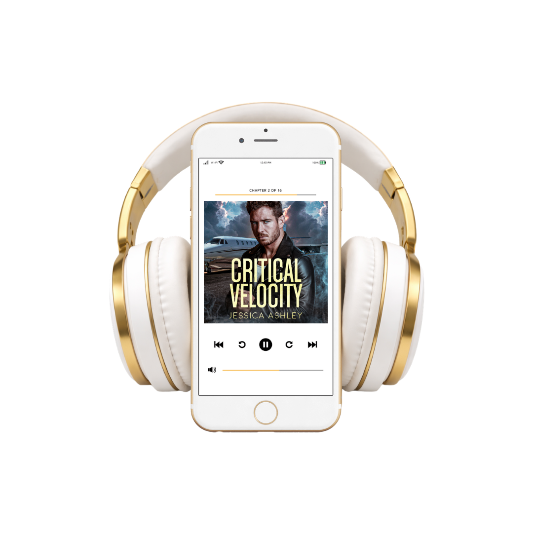 White and gold headphones with a smartphone displaying an audiobook titled 'Critical Velocity' on a white background