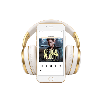 White and gold headphones with a smartphone displaying an audiobook titled 'Critical Velocity' on a white background