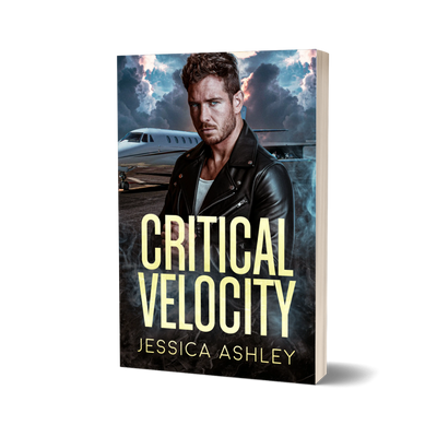 Book cover of 'Critical Velocity' by Jessica Ashley with a man in a leather jacket and airplane in the background.