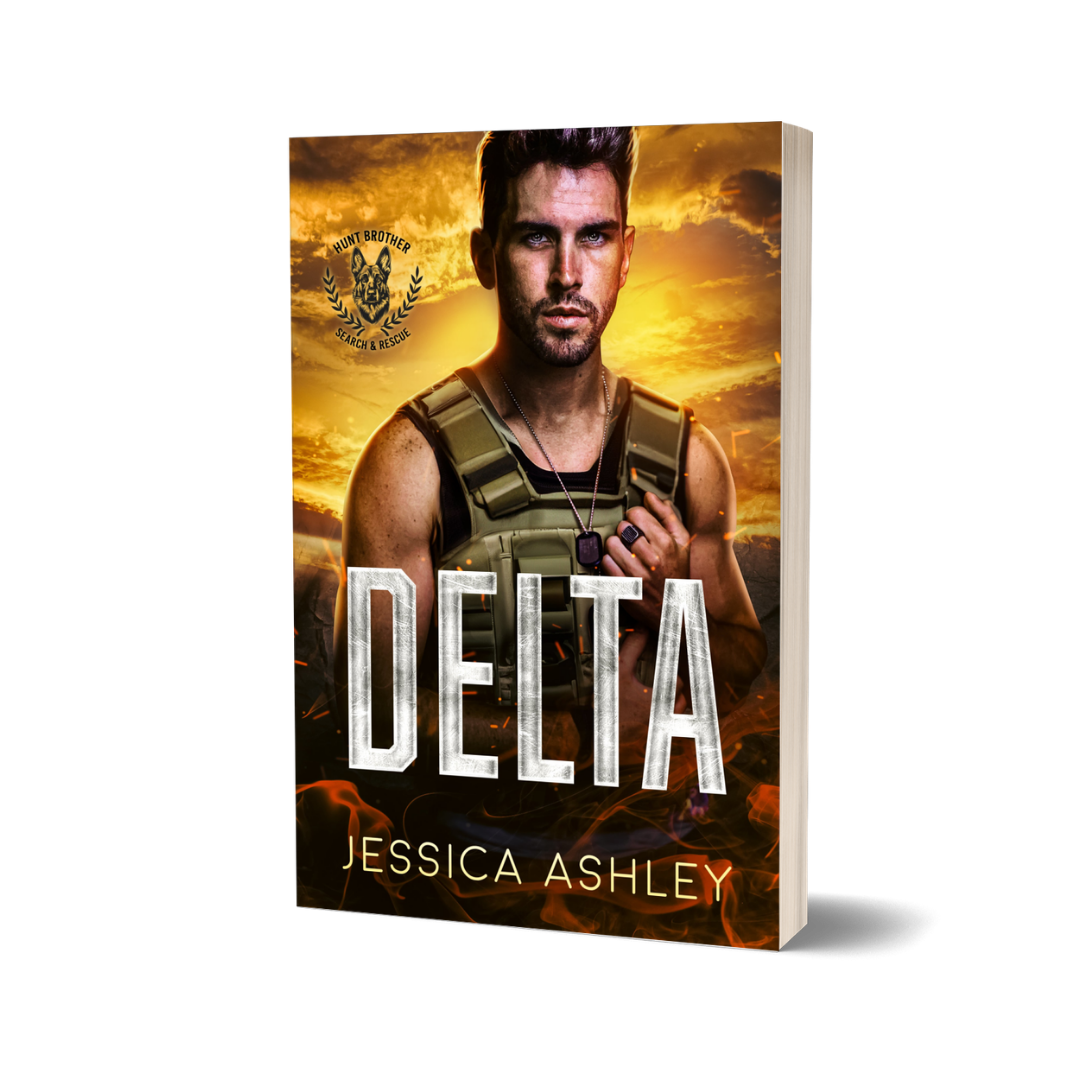 Book cover of 'Delta' by Jessica Ashley with a man in tactical gear against a fiery background.